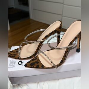 Leopard Print Stiletto Heels with Rhinestone Straps NEW